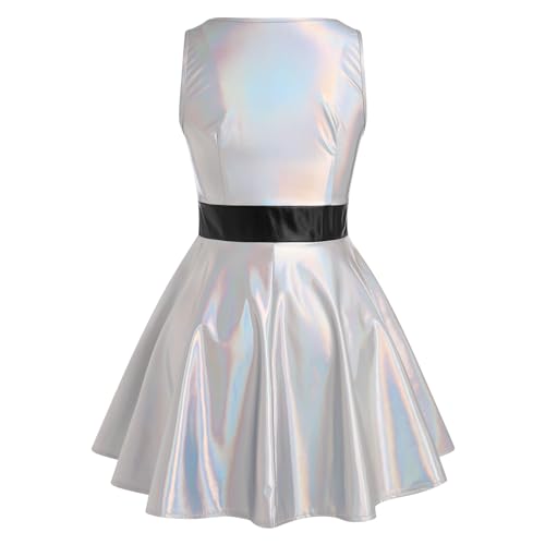 IBAKOM Women Shiny Metallic Skater Dress Disco Dance 80s Holographic Dress Hallowen Cosplay Outfits Wet Look Pleated Dress
