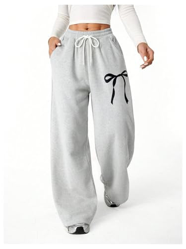 Verdusa Girl's Bowknot Baggy Sweatpants Lightweight Straight Leg Athletic Pants with Pockets