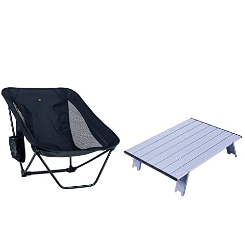 iClimb 1 Mini Folding Table and 1 Low Folding Chair Bundle, Ultralight Compact for Solo Adult Outdoor Backpacking Camping ...