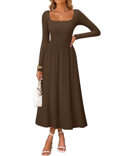 ZESICA Spring Dresses for Women 2026 Elegant Classy Square Neck Long Sleeve Flowy Wedding Guest Party Midi Dress