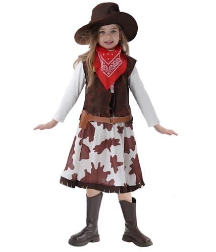 Cowgirl Costume for Girls 6pcs Set Kids Dress Up Birthday Halloween Party Cosplay 3-13 Years