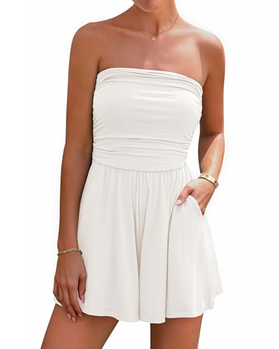 BTFBM Womens Romper 2026 Spring Summer Strapless Tube Tops Beach Vacation Clothes Boho Loose Shorts Jumpsuits Pockets