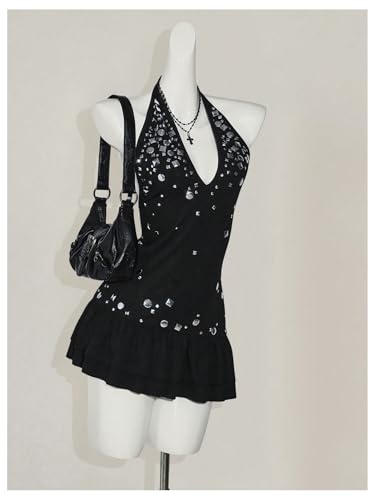 MakeMeChic Women's Halter Mini Dress Sparkly Ruffle Tiered Sleeveless Tie Back Fall Y2K Clothes Rave Outfit