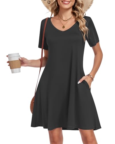 AUSELILY Tshirt Dress Women Swing Floral Short Sleeve V Neck Vacation Beach Mini Dress with Pockets