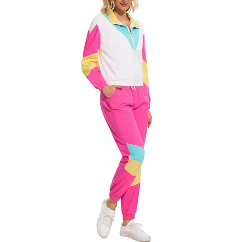 ZDT Women's Color Block 80s 90s Outfit 2 Piece Costume Zip Up Windbreaker Track Suits Set New