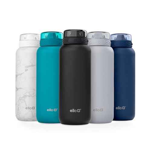Ello Cooper 40oz Stainless Steel Water Bottle with Straw and Carry Handle, Double Walled and Vacuum Insulated Metal, Leak Proof Locking Lid with Soft Silicone Spout, Reusable, BPA Free, Black