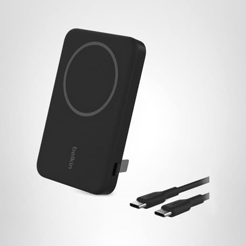 Belkin Portable Charger, Wireless Power Bank 15W 5000mAh w/ Qi2, MagSafe Charger + Built-in Pop-up Kickstand - iPhone 17, Air, Pro, Pro Max, AirPods, Apple Watch, Google Pixel 10, etc. - Black