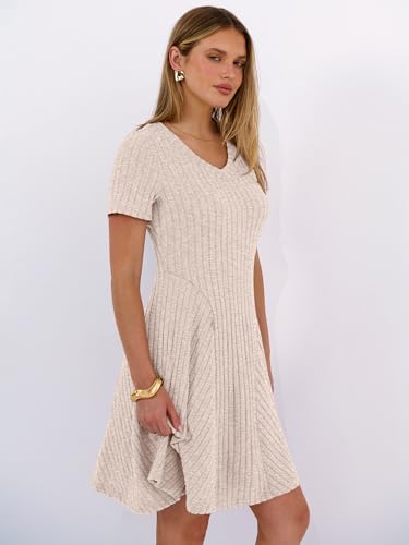 ANRABESS Womens Summer Dresses Casual Short Sleeve Ribbed Knit V Neck Swing A-Line 2026 Spring Vacation Tunics Short Dress