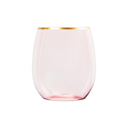 PLASTICPRO 6 Pack Pink With Gold Rim Plastic Wine Glasses Stemless Disposable 12 oz BPA Free Shatterproof Plastic Cups Win...