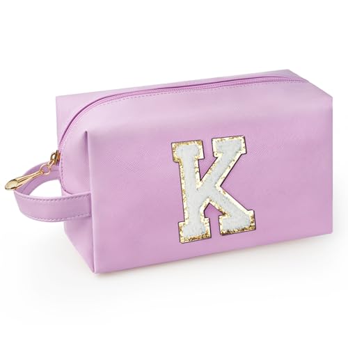 WEMVP Personalized Initial Makeup Bag with Handle, Preppy Cosmetic Bag with Inner Zipper Pocket, 8 9 10 11 12 13 14 Years ...