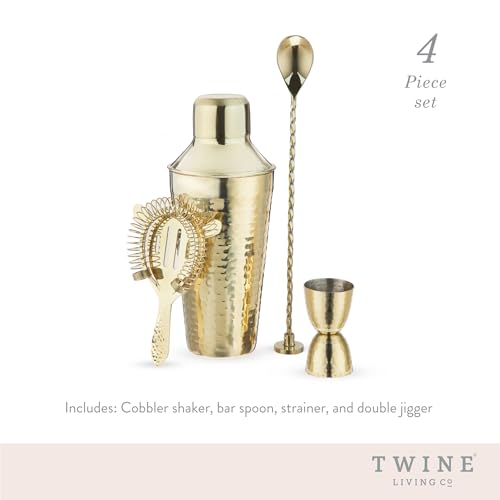 Twine 4-Piece Gold Hammered Cocktail Shaker Set Includes Cobbler Shaker, Strainer, Jigger, Bar Spoon for Classic Cocktail...