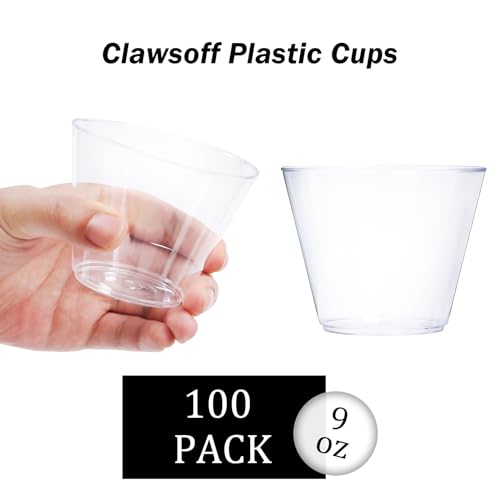 Clawsoff 9 oz Clear Plastic Cups, 100 Pack Disposable Fancy Cup for Wedding, Cocktail Cups 9 Ounce, Bulk Clear Plastic Tum...