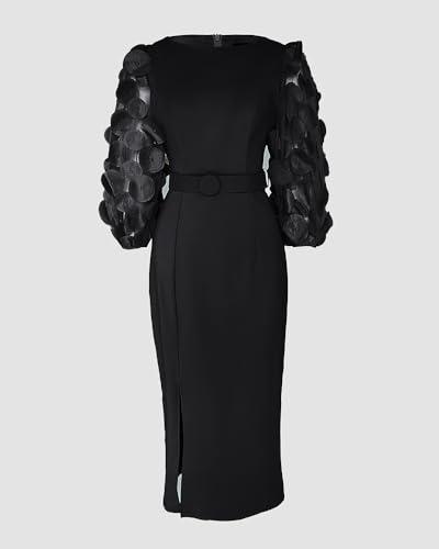CHICME Bodycon Midi Dress for Women Mesh Puff Sleeve Slit Work Cocktail Wedding Dresses with Belt