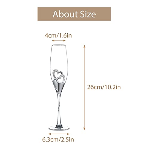 Sziqiqi Wedding Champagne Glass Set Silver Toasting Flute Glasses Pack of 2 with Rhinestone Rimmed Hearts Decoration for W...