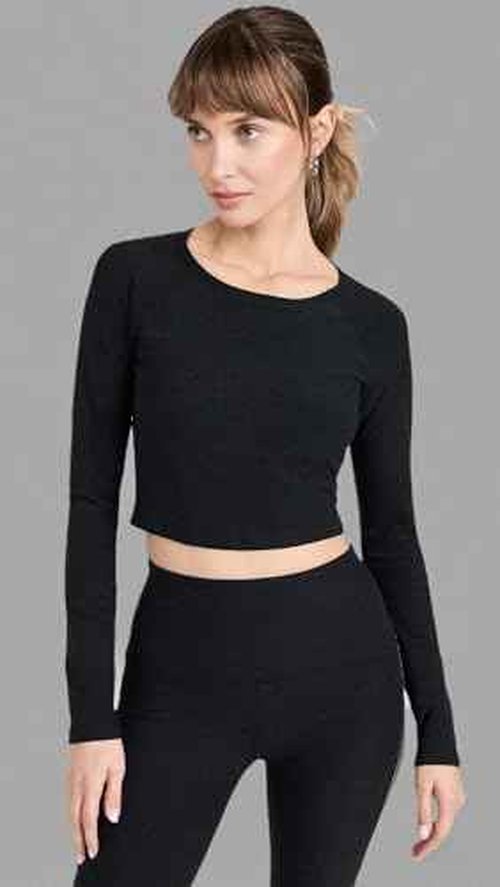 Beyond Yoga Women's Spacedye Enlighten Cropped Pullover, Darkest Night, Black, L