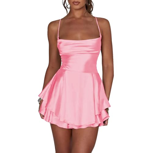 LuFeng Women's Elegant Satin A-line Summer Sleevesless Rompers Bandage Back Spaghetti Strape Tiered Mini Dress Jumpsuits