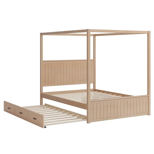 VilroCaz Modern Queen Size Canopy Platform Bed with Trundle and 3 Storage Drawers, 4-Poster Solid Wood Bed Frame with Chan...
