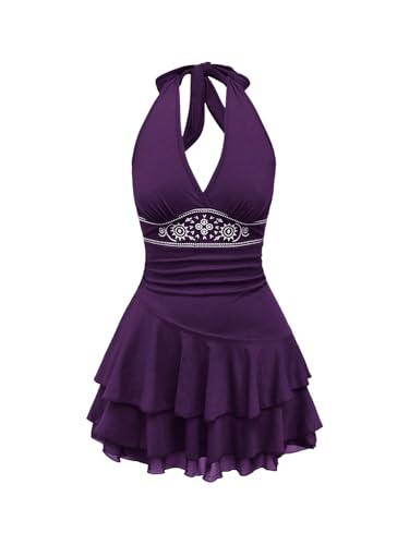 SOLY HUX Women's Summer Halter Backless Mini Dress Flowy Sleeveless V Neck Tie Back A Line Western Casual Sun Dresses