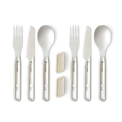 Sea to Summit Detour Stainless Steel Camp Cutlery Set, 2 Person (2 Knives, Forks, Spoons, w/Silicone Keeper)