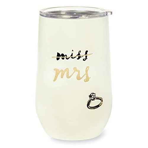 kate spade new york Insulated Bridal Stainless Steel Wine Tumbler, 16 Ounce Double Wall Tumbler for Bride to Be, Stemless Travel Cup with Lid, Miss to Mrs. (White)