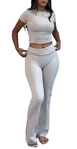 AYWA Women's 2 Piece Lounge Sets Short Sleeve Crop Top Foldover Flare Pants Casual Pajama Outfits