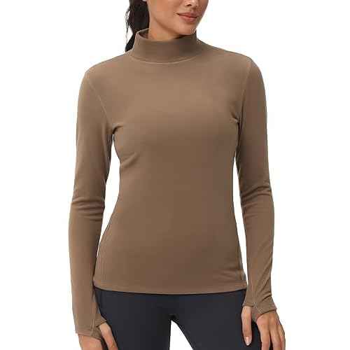 THE GYM PEOPLE Women's Mock Turtleneck Long Sleeve Shirts Fleece Thermal Underwear Pullover Tops with Thumb Hole