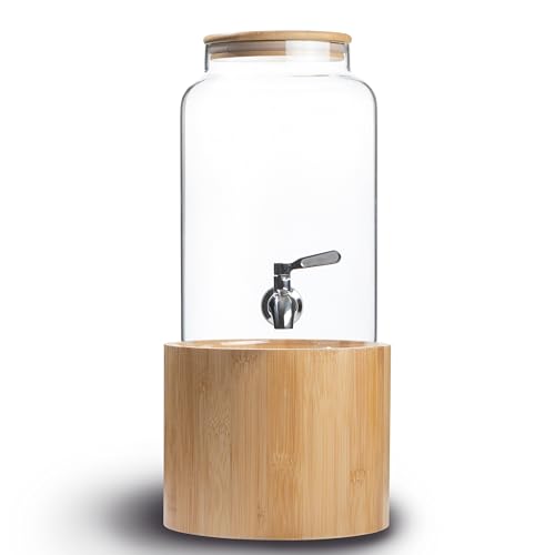 Kitchentoolz 1 Gallon Glass Drink Dispenser for Parties on Bamboo Stand - Premium Borosilicate Beverage Jar with Stainless...