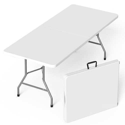 VSOAEIL Folding Table 6 Foot for Indoor Outdoor, Portable Heavy Duty Fold-in-Half Utility Plastic Foldable Dining Table wi...