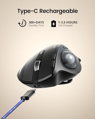ProtoArc Wireless Trackball Mouse, EM01 NL Ergonomic Bluetooth Rollerball Thumb Rechargeable Computer Laptop Mouse, Adjust...