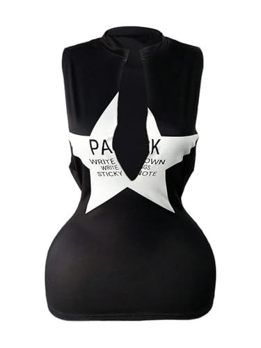 SOLY HUX Women's Y2k Mini Dress Letter Graphic Notched Deep V Neck Sleeveless Bodycon Going Out Dresses Streetwear