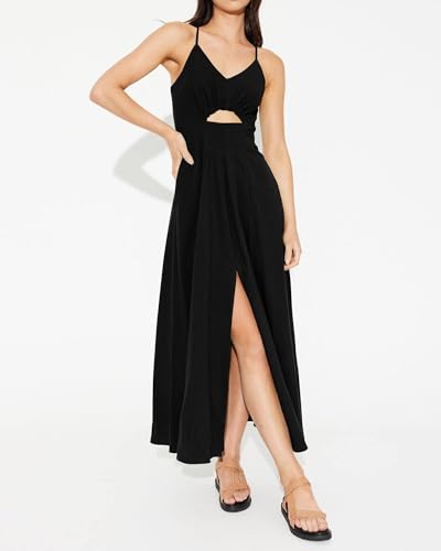 BTFBM Women 2026 Spaghetti Strap Midi Summer Dresses Sleeveless V Neck Cutout Slit Casual Beach Party Maxi Dress Pockets