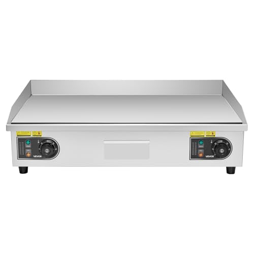 VEVOR Commercial Electric Griddle, 28.54 x 15.75 in, 4400W, 122-570°F Adjustable Temp Control, Stainless Steel Countertop Full Flat Top Grill with 2 Spatulas and 2 Brushes, for Steak, Pancake, Squid