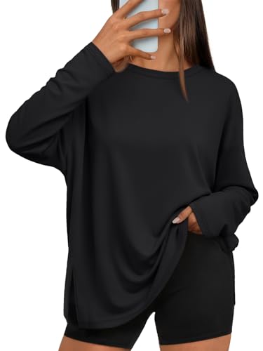 Trendy Queen Oversized Side Slit Tshirts for Women Long Sleeve Workout Tops Fall Fashion Gym Casual Tees Basic Y2K Clothes
