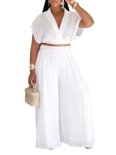KEYUFANG Women's Summer 2 Piece Outfits Wrap V Neck Crop Top and Wide Leg Pants Sets Casual Vacation Outfits