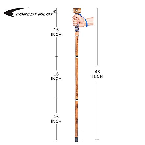 FOREST PILOT 3pc Detachable Hardwood Walking Stick for Hiking with Compass 48 Inches - Soft Hand Strap - Rubber Tip Cover