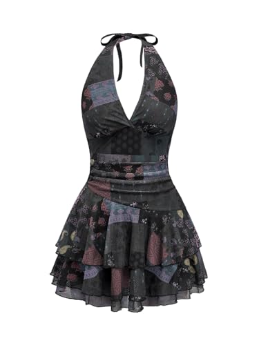 Verdusa Women's Embroidery Tie Back Halter Dress Boho Tiered Layered Flowy Dresses Western Cowgirl Outfits