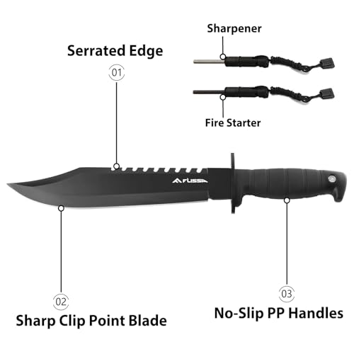 FLISSA Survival Hunting Knife with Sheath, 15-inch Full Tang Fixed Blade Tactical Bowie Knife with Sharpener & Fire Starte...