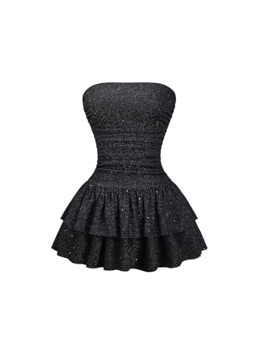 Floerns Women's Rhinestone Strapless Tube Dress Ruched Layered Ruffle Party Mini Dresses