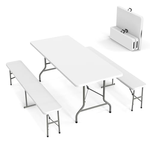 VINGLI Picnic Table Set with 2 Benches, 6 Feet Camping Table Chair Set,3-Piece Folding Furniture for Indoor or Outdoor Us...