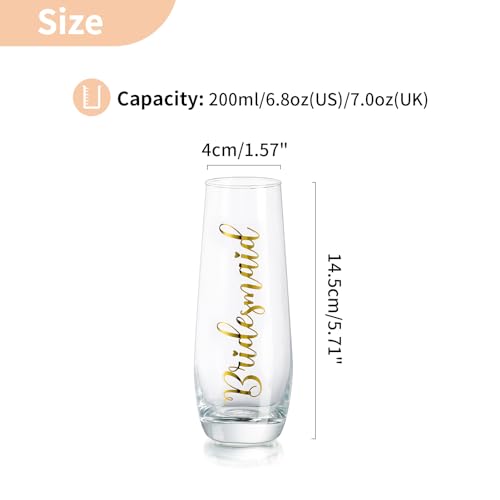 NUPTIO Stemless Champagne Glasses Bridesmaid: Bridal Shower Party Prosecco Flutes Tumbler Wedding Gift Clear Gold Embossed