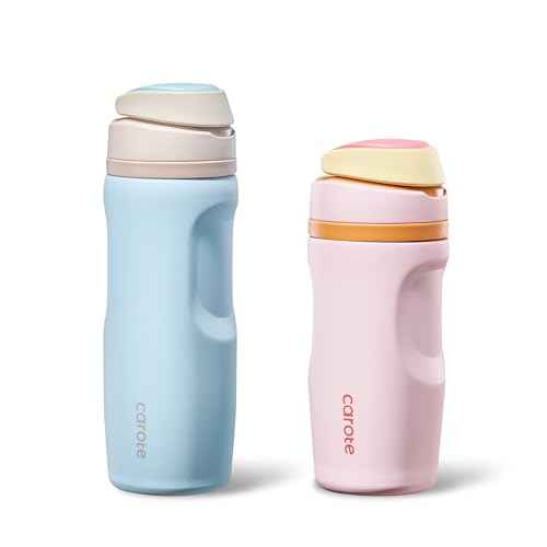 CAROTE Insulated Stainless Steel Water Bottle 2 Pack, Cute Water Bottle with Handle, Dual Drink Spout with BPA-Free Straw, Great for School, Sports and Travel (16 Oz Pink & 26 Oz Blue)