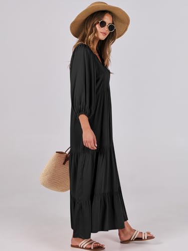 ANRABESS Womens Boho Maxi Dresses 2026 Summer V Neck Puff Sleeve Floral Flowy Swing Fall Casual Long Dress