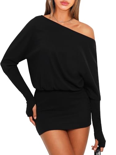 OZICERD Women Off One Shoulder Going Out Mini Dress Loose Batwing Long Sleeve Hip Wrap Bodycon Casual Dresses Black