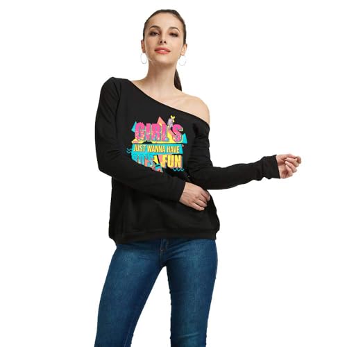 QLIPIN 80s 90s Outfits for Women 80's Theme Party Long Sleeve Shirt 90s Off the Shoulder Sweatshirt Retro Neon Disco Pullover