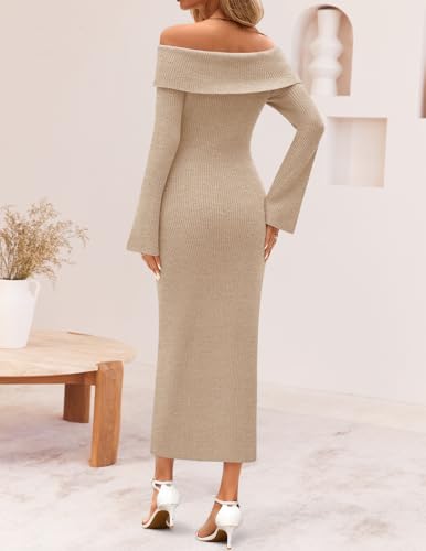 ZESICA Women's Spring Off Shoulder Sweater Dress 2026 Bell Long Sleeve Ribbed Knit Bodycon Formal Maxi Dresses