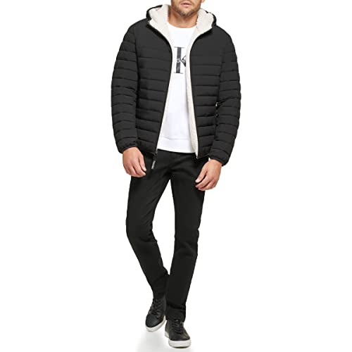 Calvin Klein Men's Lightweight Packable Down Jacket With Fleece Bib and Removable Hood