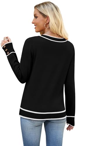 WIHOLL Lightweight Sweaters for Women Long Sleeve V Neck Knit Outfits with Decorative Buttons