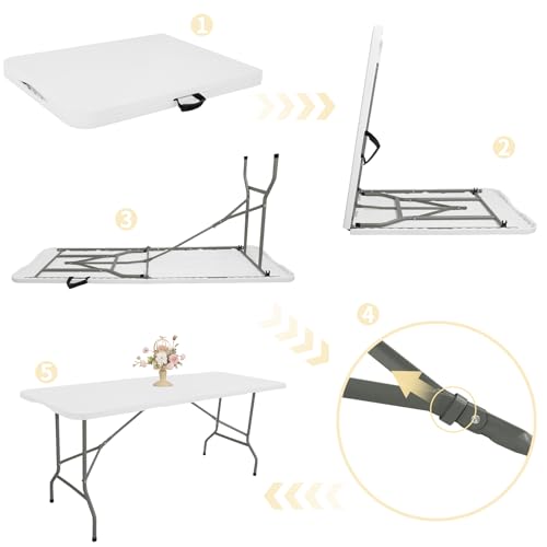 Set of 2 Folding Table 6 FT Lightweight Camping Table Portable Plastic Rectangular Outdoor Dining Table Steel Legs Fold-i...