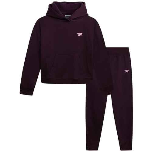 Reebok Girls Sweatsuit Set - 2 Piece Soft Long Sleeve Hoodie Sweatshirt and Sweatpants for Girls - Athletic Sweatsuit, Size 7, Plum