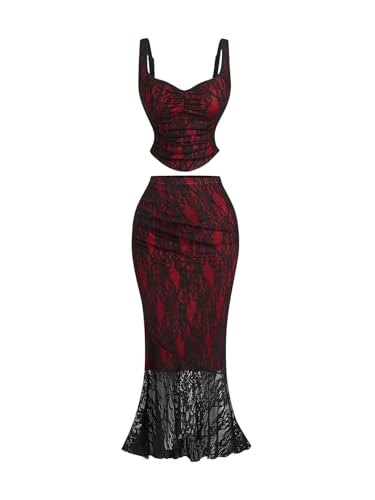 SOLY HUX Women's Floral Lace Skirt Set 2 Piece Sleeveless Top and Bodycon Fishtail Skirts Summer Coquette Outfits
